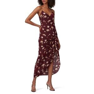 Caroline Constas Arabella Maroon Floral Sleeveless V-Neck Ruched Dress Size L